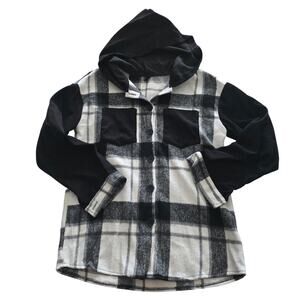 Shein Black White Plaid Hooded Button Front Long Sleeve Shacket Jacket Medium